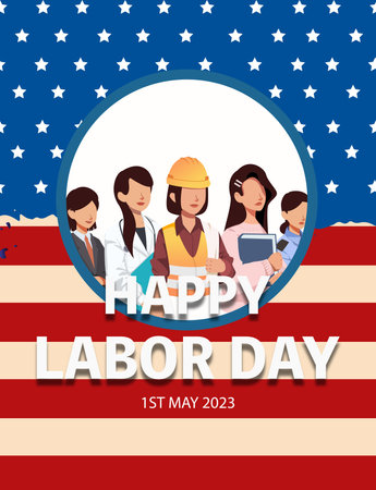 Happy Labor Day Vector Illustration with Labor Character and US Flag. Suitable for Template Poster, Banner, Flyer, Greeting Card etcのイラスト素材