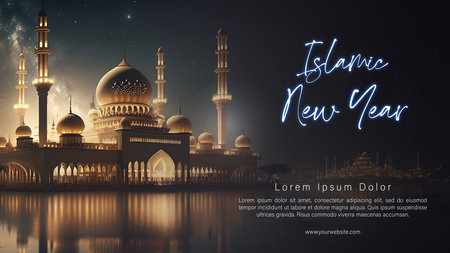 Happy Islamic New Year Illustration Template, Ashura Day. Happy Muharram Design. Golden Mosque with Fantasy Nigh Sky Backgroundの写真素材