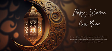 Happy Islamic New Year Illustration Template, Ashura Day. Happy Muharram Design with Golden Crescent Moon with Arabic Pattern and Hanging Lantern.の写真素材