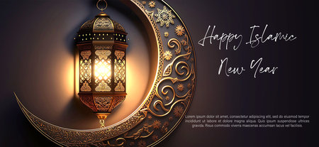 Happy Islamic New Year Illustration Template, Ashura Day. Happy Muharram Design with Golden Crescent Moon with Arabic Pattern and Hanging Lantern.の写真素材