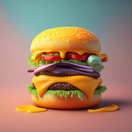 Hamburger Trendy Illustration on Colorful Pastel Background. 3D Rendering Illustrationの写真素材