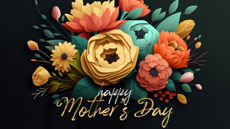 Happy Mother's Day Illustration. A Bouquet of Colorful Flower in Paper Art Styleの写真素材