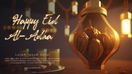 Happy Eid Al Adha Illustration with Golden Hanging Lantern and Dates.の写真素材