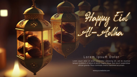 Happy Eid Al Adha Illustration with Golden Hanging Lantern and Dates.の写真素材