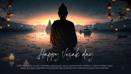 Vesak Day Illustration for Card or Banner. Vesak Day is a holy day for Buddhists. Happy Buddha Day with Siddhartha Gautama Statue Design Vector Illustrationの写真素材