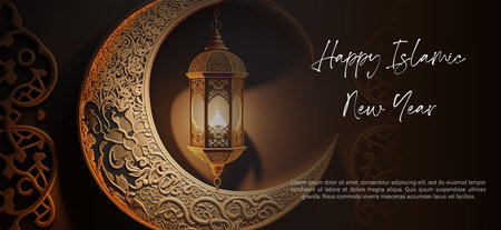 Happy Islamic New Year Illustration Template, Ashura Day. Happy Muharram Design with Golden Crescent Moon with Arabic Pattern and Hanging Lantern.の写真素材