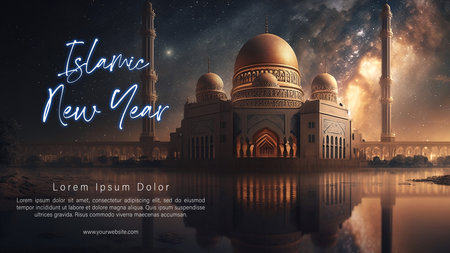 Happy Islamic New Year Illustration Template, Ashura Day. Happy Muharram Design. Golden Mosque with Fantasy Nigh Sky Backgroundの写真素材