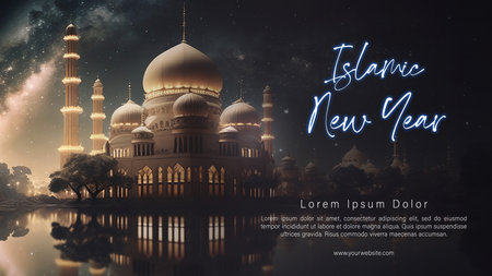 Happy Islamic New Year Illustration Template, Ashura Day. Happy Muharram Design. Golden Mosque with Fantasy Nigh Sky Backgroundの写真素材
