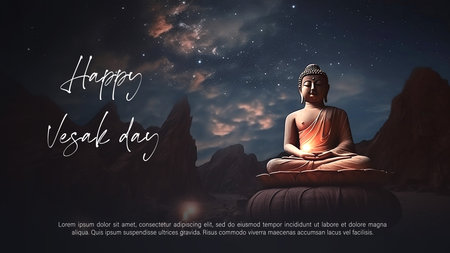 Vesak Day Illustration for Card or Banner. Vesak Day is a holy day for Buddhists. Happy Buddha Day with Siddhartha Gautama Statue Design Vector Illustrationの写真素材