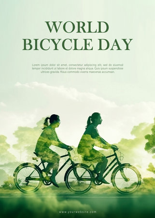 World Bicycle Day. Silhouette of two young women riding bikes in the park.の素材