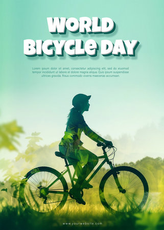 World Bicycle Day. Silhouette of a woman riding a bicycle on the meadow.の素材