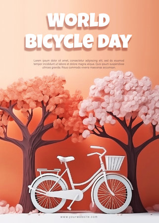 World Bicycle Day Poster Template. 3d Realistic Bicycles, Tree and Flowers.の素材
