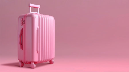 Pink travel suitcase on a pink background. 3d render illustration.の素材