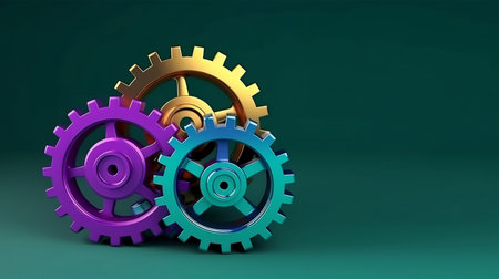 3d illustration of gear wheel over green background with copy space.の素材