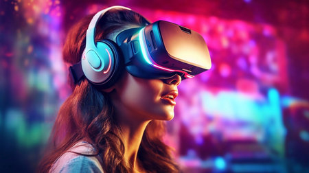 Young woman wearing virtual reality goggles. Future technology and entertainment concept.の素材