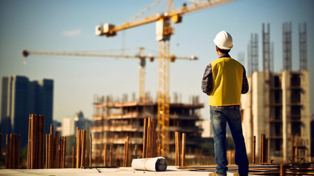 engineer in hardhat standing on construction site and looking at construction siteの素材