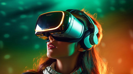 Beautiful young woman wearing virtual reality goggles. Future technology concept.の素材