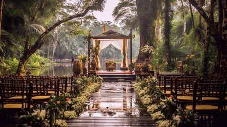 Beautiful wedding arch in the garden. Tropical Style Wedding Decorationの素材