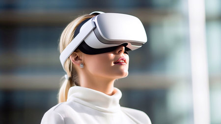 Young woman wearing virtual reality goggles. Successful businesswoman using VR headset.の素材
