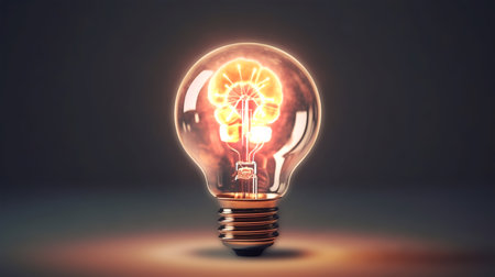 Glowing light bulb with brain inside on dark background 3D renderingの素材