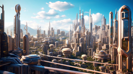 Futuristic city with skyscrapers and high-rise buildingsの素材