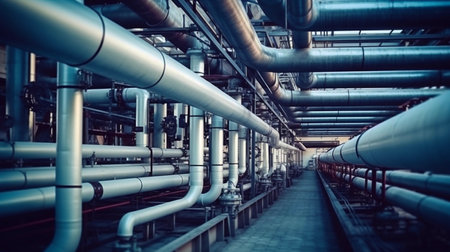 Industrial zone, Steel pipelines and cables in blue tones 3d renderingの素材