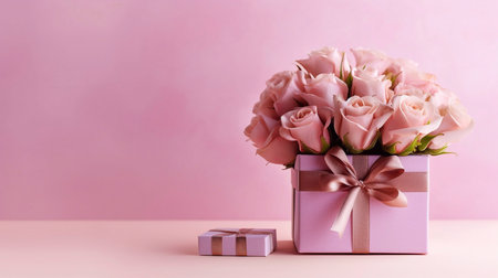 Gift box and bouquet of pink roses on pink background.の素材