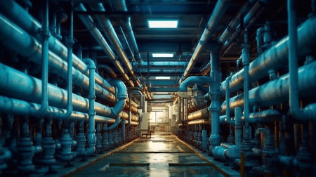 Industrial zone, Steel pipelines and cables in blue tones at a power plantの素材