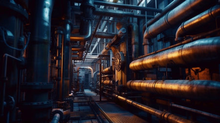 Industrial zone, Steel pipelines and cables in blue tones at nightの素材
