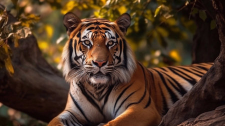 Close up of a tiger lying on a tree in the forest.の素材