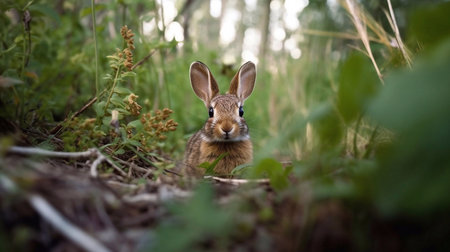 Cute wild rabbit in the forest on a sunny summer day.の素材