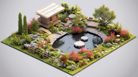 3d rendering of a Japanese garden with a pond and swimming poolの素材
