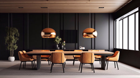 Interior of modern dining room with black and wooden walls, concrete floor, long wooden table with yellow chairs and round coffee tables. 3d renderingの素材