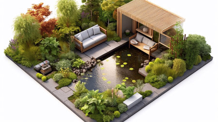3d model of a garden with furniture and plants, top viewの素材