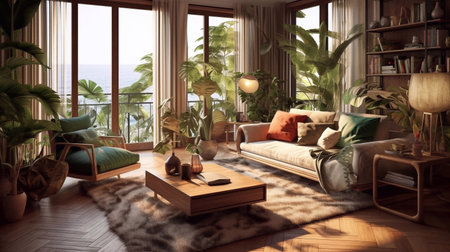 Interior of a living room with a large window overlooking the sea. Tropical Styleの素材