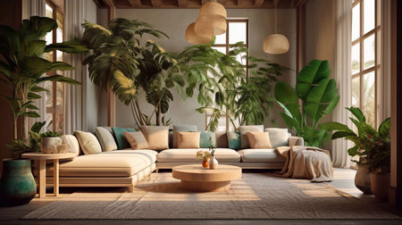 Modern interior design living room 3D rendering image. Tropical styeの素材