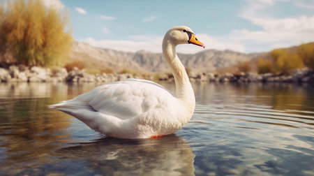 Beautiful white swan swimming in the lake on a sunny dayの素材