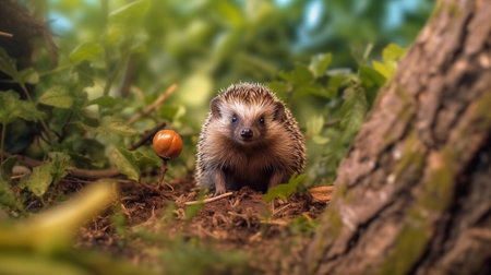 hedgehog in the forest on a background of green leaves.の素材