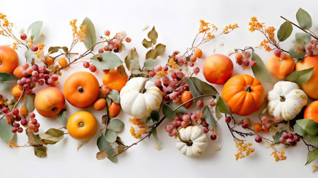 Autumn floral frame. Happy Thanksgiving Poster Banner with pumpkins and leaves over white isolated backgroundの素材