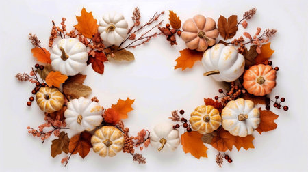 Autumn floral frame. Happy Thanksgiving Poster Banner with pumpkins and leaves over white isolated backgroundの素材