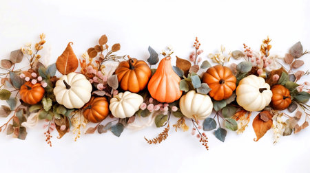 Autumn floral frame. Happy Thanksgiving Poster Banner with pumpkins and leaves over white isolated backgroundの素材