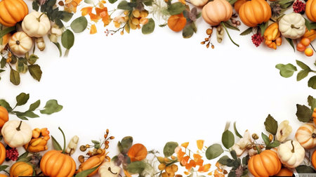 Autumn floral frame. Happy Thanksgiving Poster Banner with pumpkins and leaves over white isolated backgroundの素材