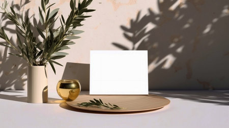 Breakfast still life Cup of coffee books and empty picture frame mockup on wooden deskの素材
