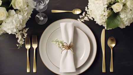 Feminine wedding table set with cutlery Luxury table elegant set for Wedding reception in barnの素材