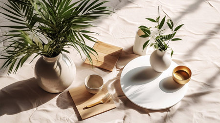 Breakfast still life Cup of coffee books and empty picture frame mockup on wooden deskの素材