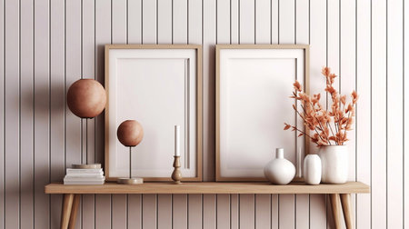 Breakfast still life Cup of coffee books and empty picture frame mockup on wooden deskの素材