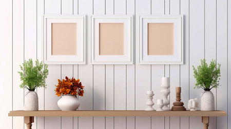 Breakfast still life Cup of coffee books and empty picture frame mockup on wooden deskの素材