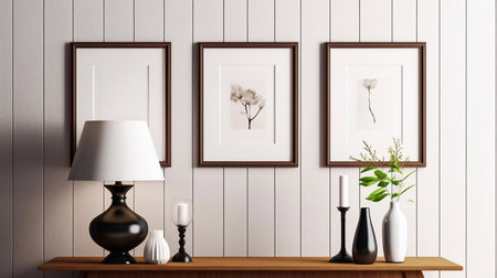 White living room design. View of modern boho, scandi style interior with sofa, cushions, potted palm plant through open white door. Home staging concept.の素材