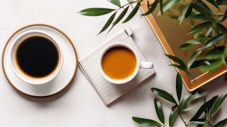 Breakfast still life Cup of coffee books and empty picture frame mockup on wooden deskの素材