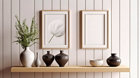 Breakfast still life Cup of coffee books and empty picture frame mockup on wooden deskの素材